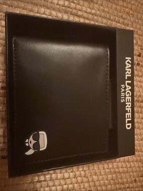 Karl Lagerfeld Black Leather Bifold Wallet with iconic Character Patch